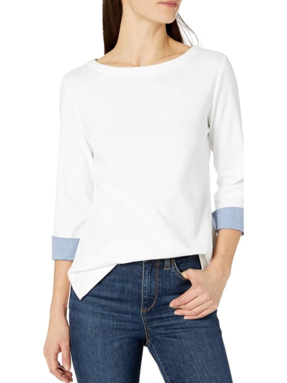 Nautica Women's 3/4 Cuffed Sleeve Chambray Casual Top White & Blue Size X-Large